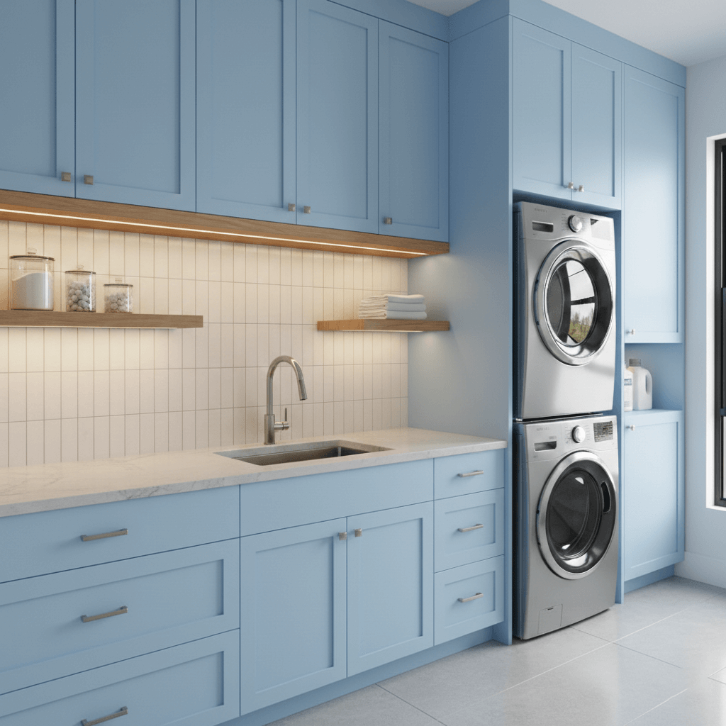 A light blue laundry room with a sink and white oak floating shelves in Wilmington, NC