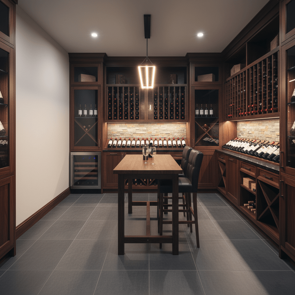 A dark wood wine cellar with storage and humidity control in Landfall, Wilmington, NC