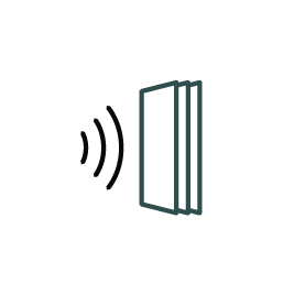 Acoustic considerations icon showing designing shelving depths and densities to help dampen sound for video conferencing.
