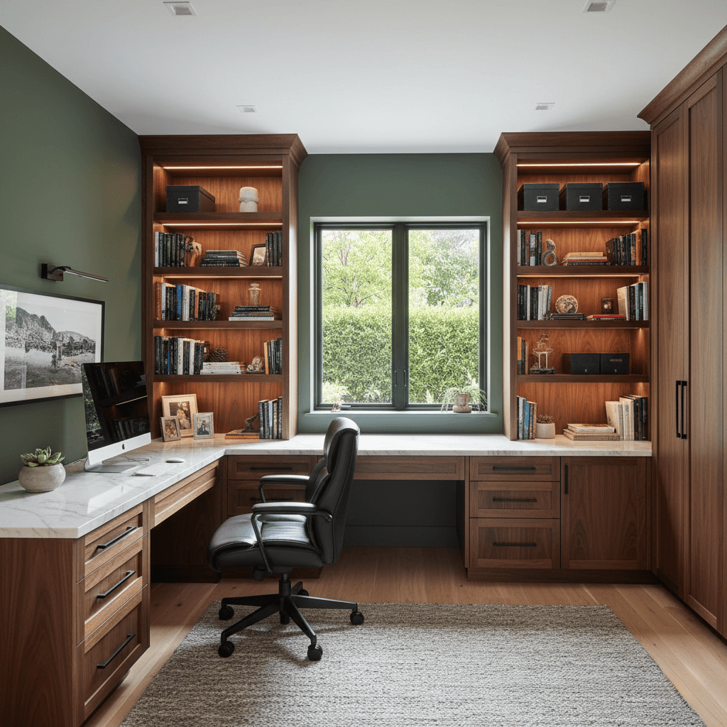 Floor-to-ceiling custom library bookshelves with a walnut built-in desk and integrated LED task lighting.