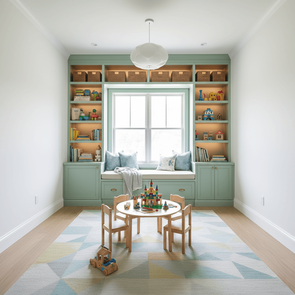 A bright aqua playroom with a built-in window bench and storage for toys and games