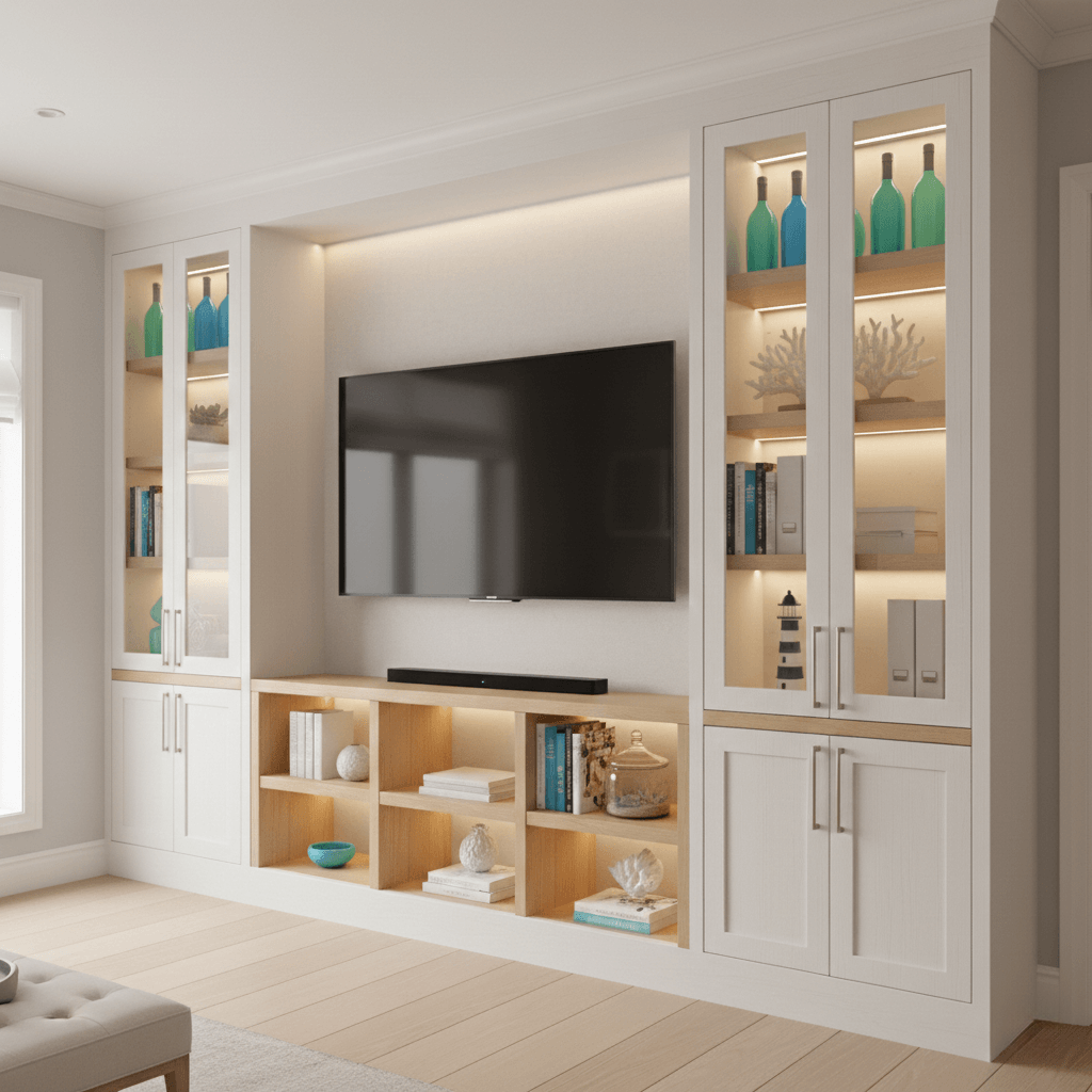 Custom media wall with cabinetry and hidden wire management for a home theater.