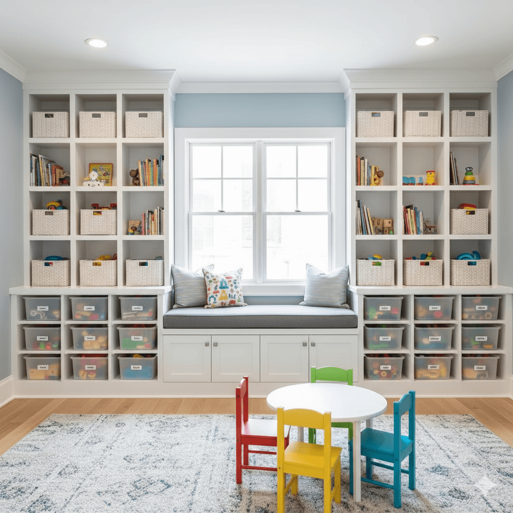 Modern playroom built-ins with adjustable open shelving and soft-close toy storage drawers.