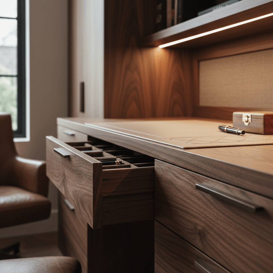 A custom wooden desk with built-in shelving and drawers and integrated LED lighting in Wilmington, NC