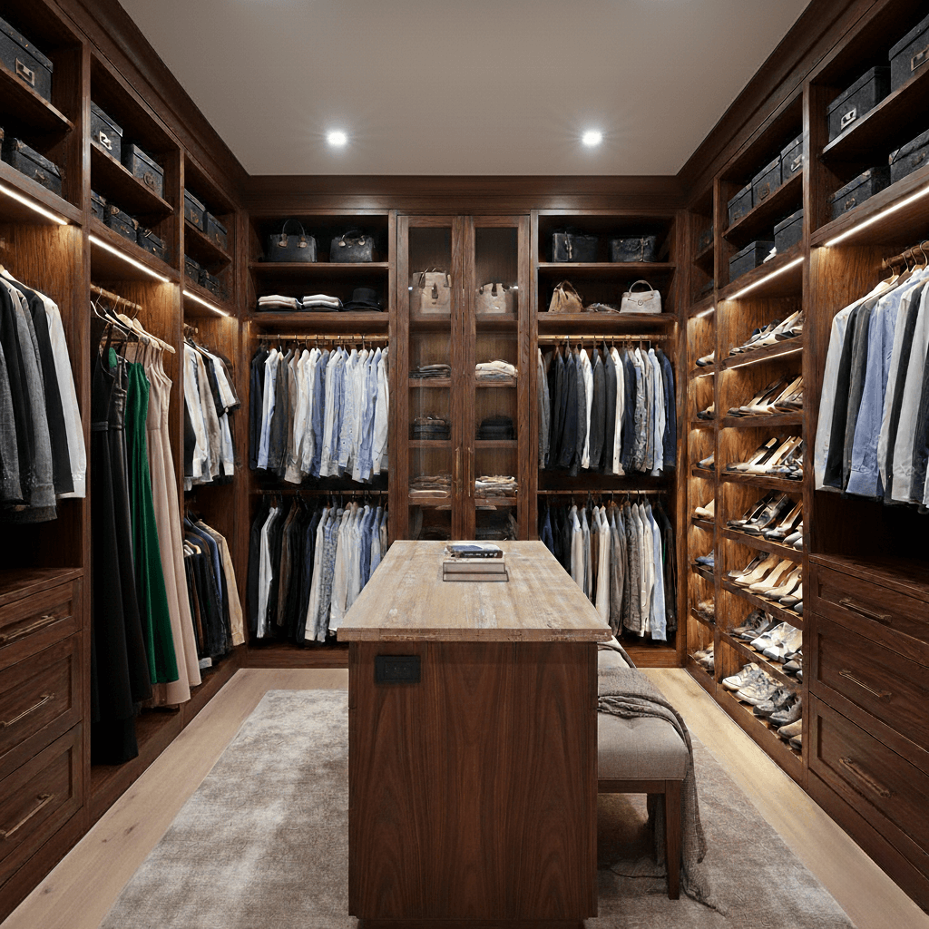 Master walk-in closet featuring boutique-style wardrobe cabinetry, jewelry drawers, and integrated lighting.