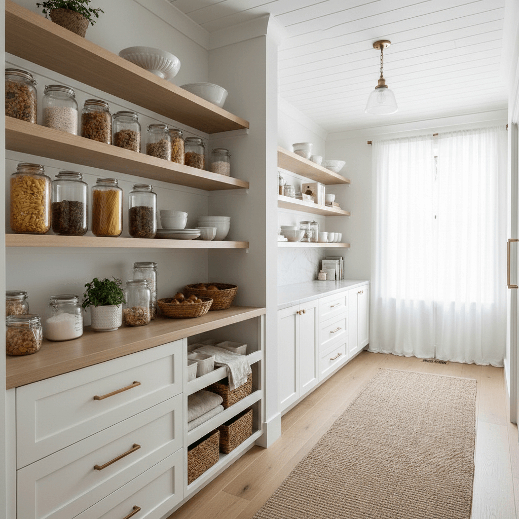 A bespoke pantry wall with open rift sawn white oak shelving and plenty of storage in Wilmington, NC