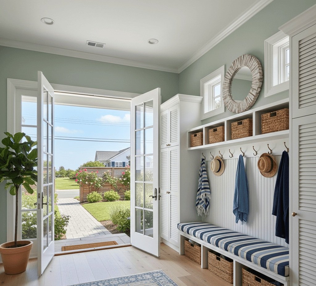 View of a bright front entry with glass double doors open to a garden and sidewalk, with a built-in bench, hooks, and storage baskets inside.