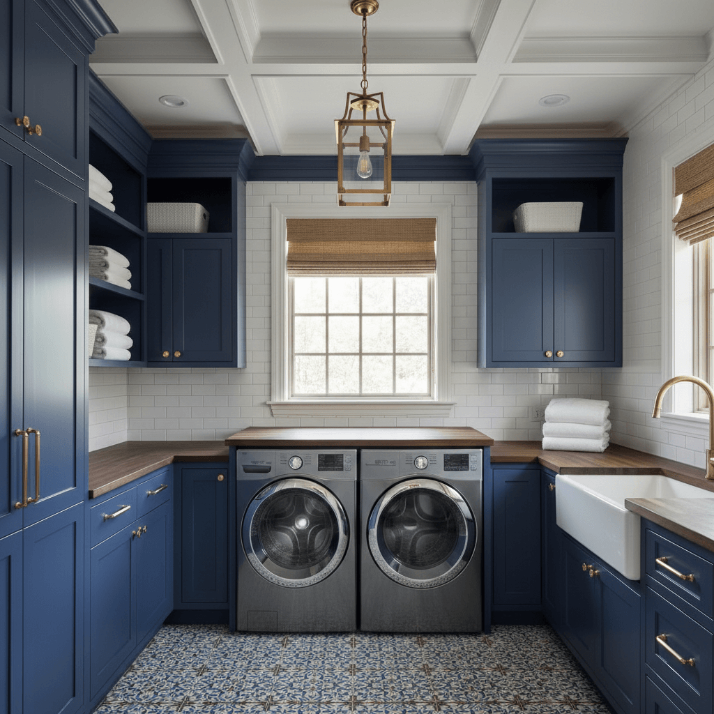 Custom blue laundry room cabinetry featuring a folding counter and pull-out drying racks.