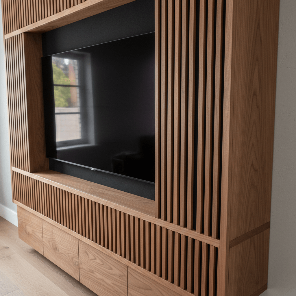 A slatted entertainment center to hide cables and speakers in Carolina Beach, NC