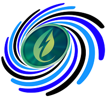 A stylized green flame icon inside a circular swirl design with blue accents.
