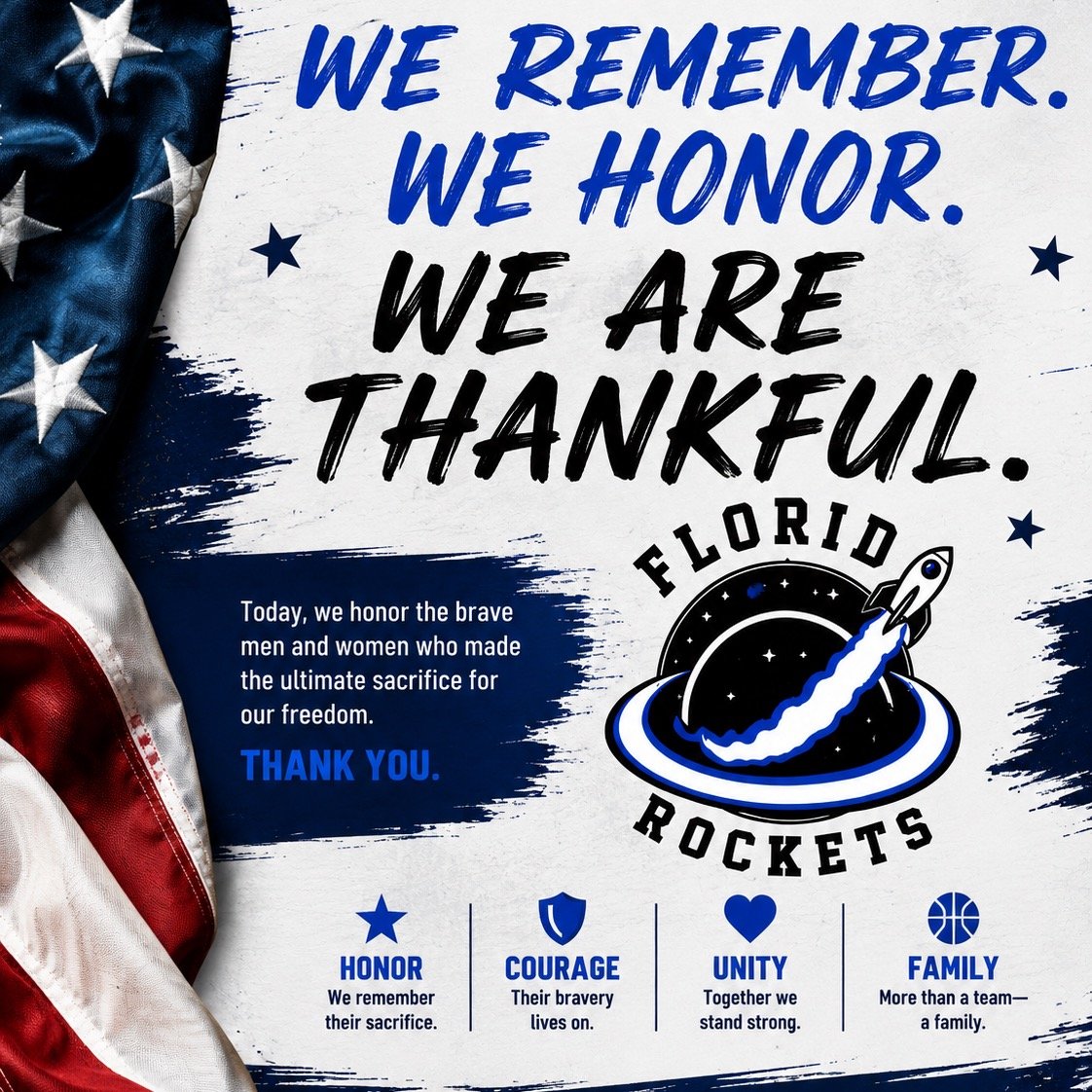 Today, we remember and honor the brave men and women who made the ultimate sacrifice for our freedom. 🇺🇸

From our Florida Rockets family to yours, thank you to all who have served and continue to serve our country with courage and dedication.

May
