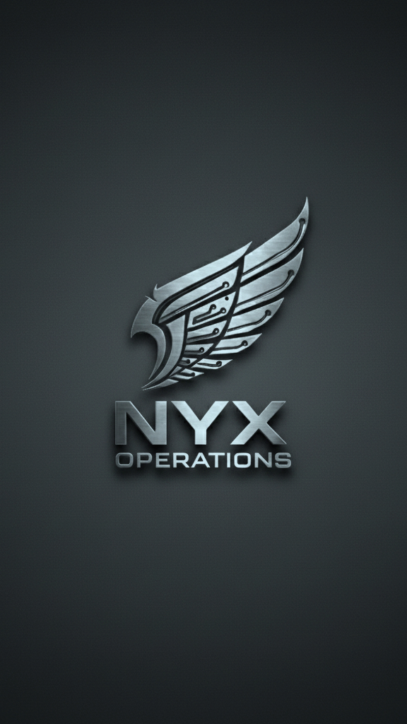 Silver emblem with a stylized wing above the words "NYX OPERATIONS" on a dark background.