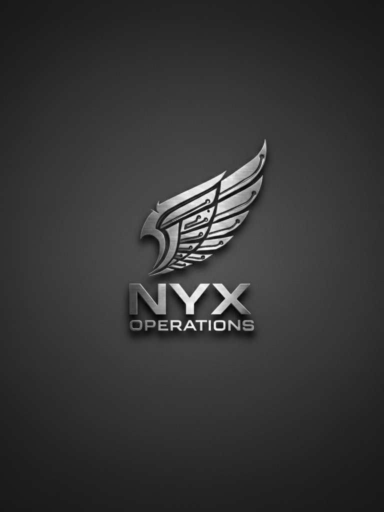 Metallic logo with stylized wing and the text 'NYX OPERATIONS' on a dark background.