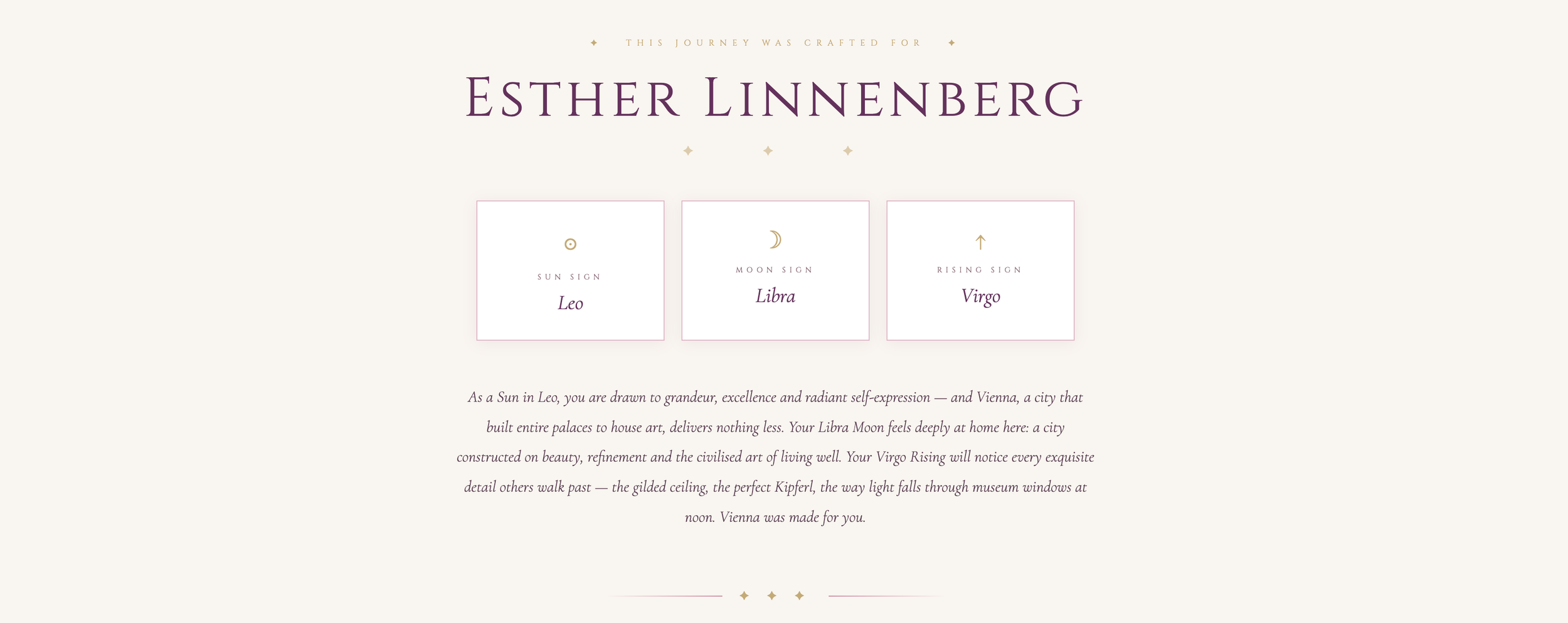 Personalized cosmic travel itinerary for Esther Linnenberg with Sun in Leo, Moon in Libra and Rising Virgo — travel guided by astrology