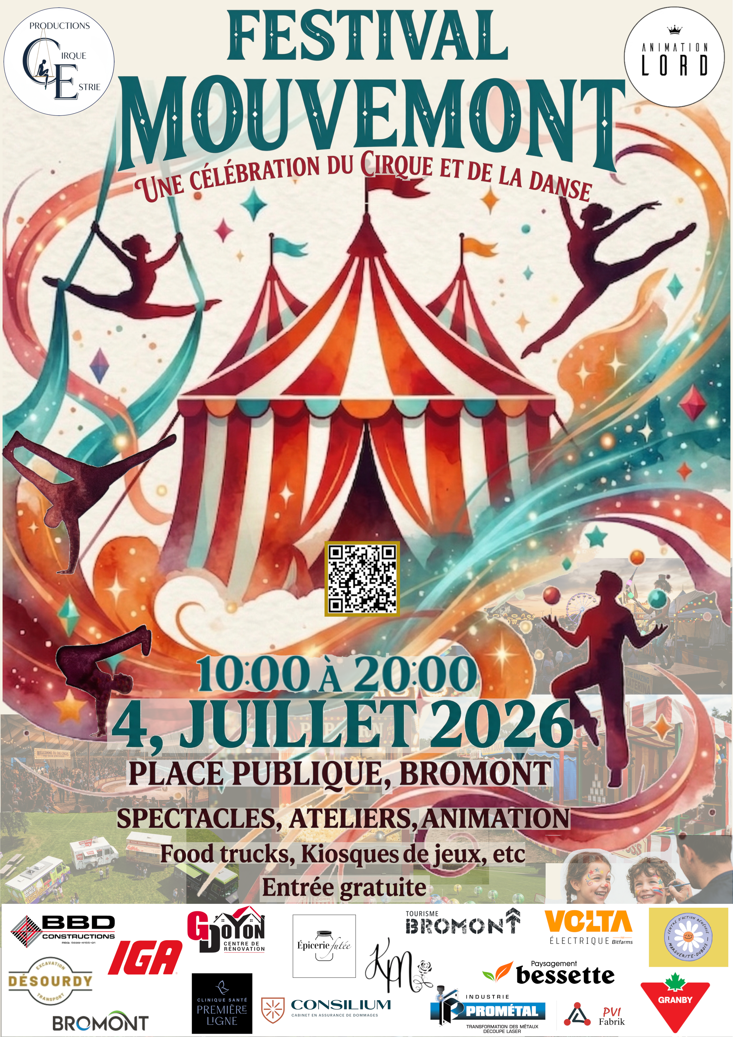 Affiche annonçant le Festival Mouvement à Bromont, une célébration du cirque et de la danse, le 4 juillet 2026, de 10h00 à 20h00, au lieu public Bromont, avec des spectacles, ateliers, animation, food trucks et kiosques, entrée gratuite.
