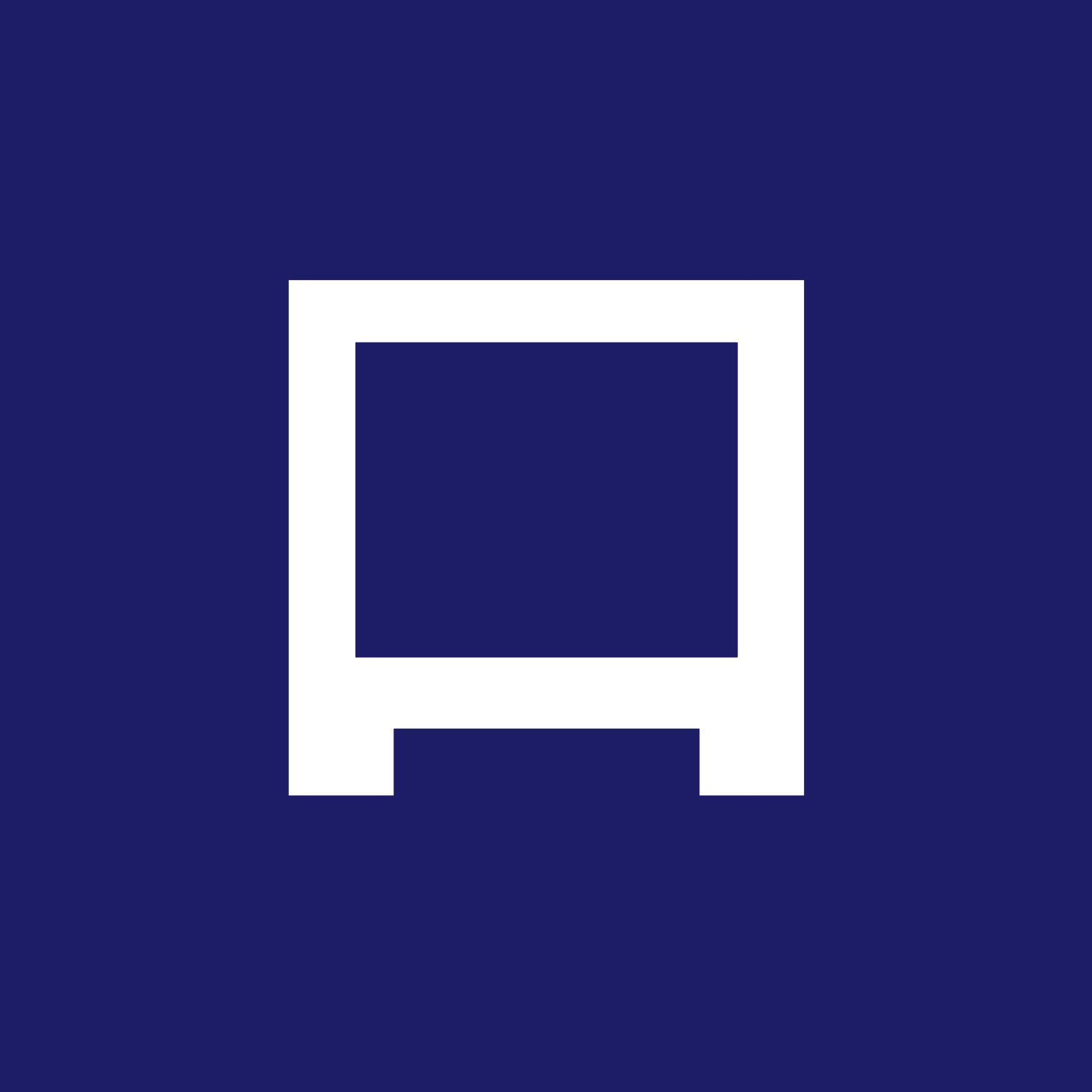A white computer monitor icon on a dark blue background.
