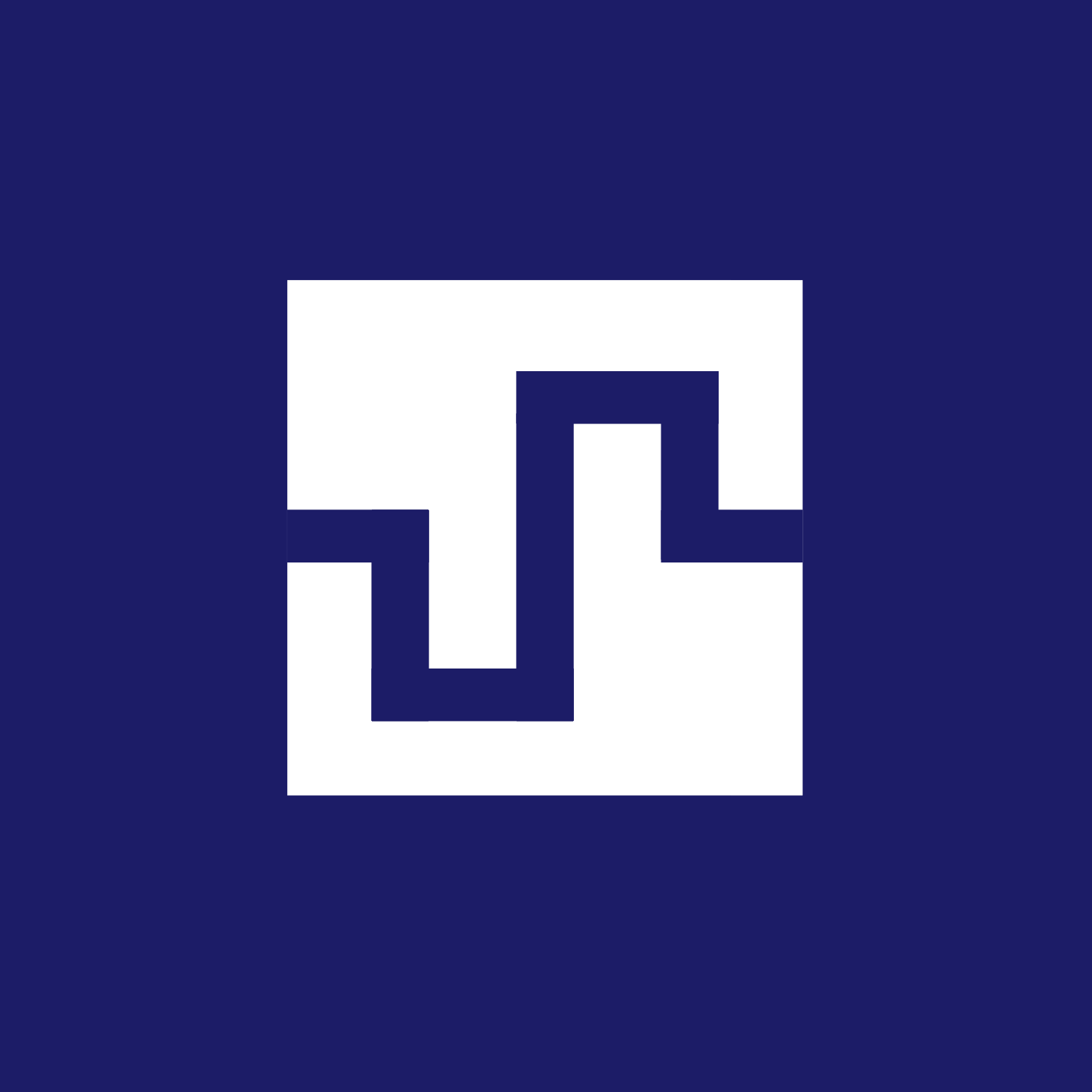 A logo with a navy blue background featuring a white geometric design resembling the letter 'd' or a square with a smaller inner square and a cutout on the left side.