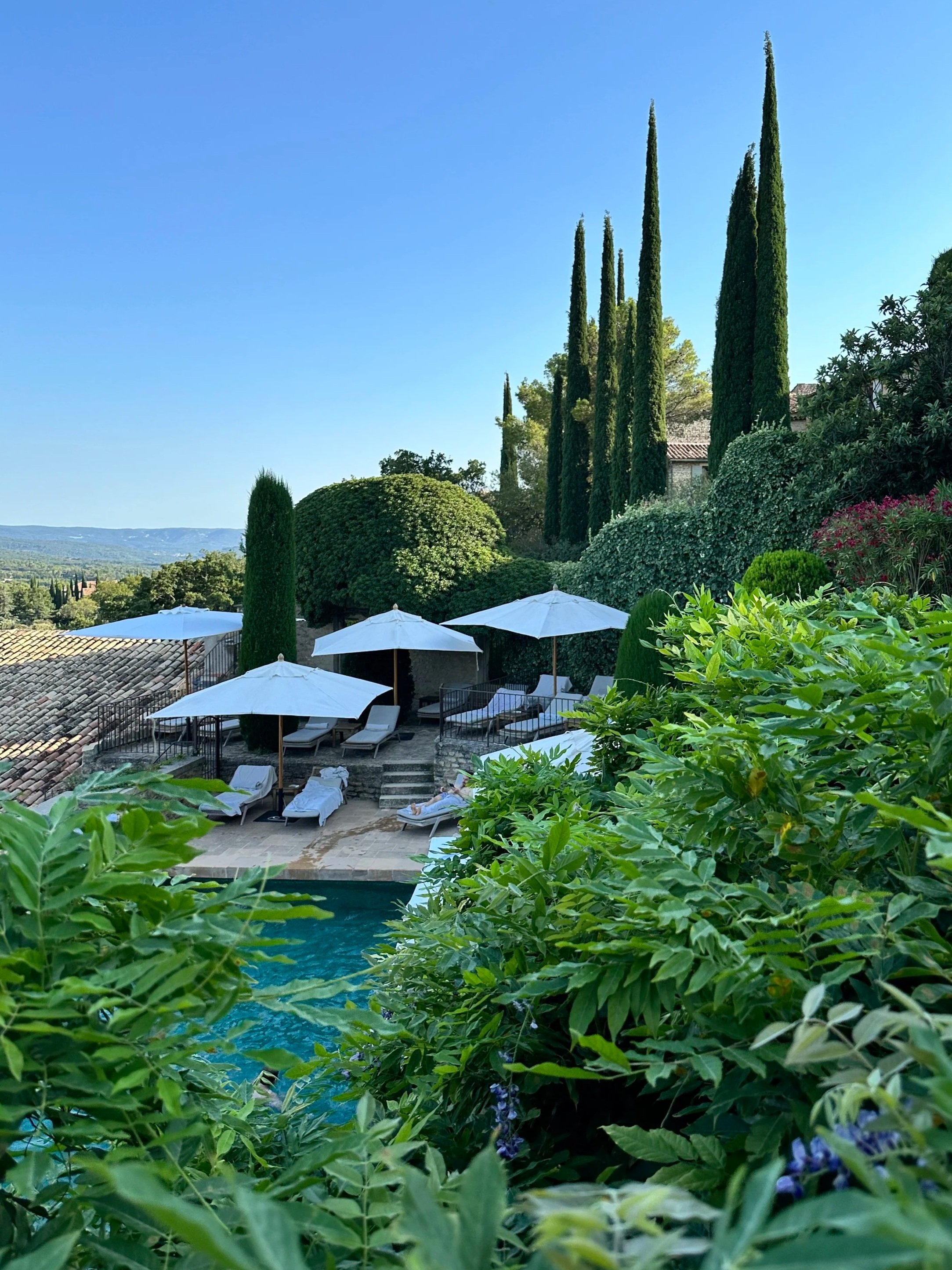 A view of a luxurious outdoor pool area with white lounge chairs and umbrellas, surrounded by lush green bushes, tall cypress trees, and topiary bushes, under a clear blue sky.