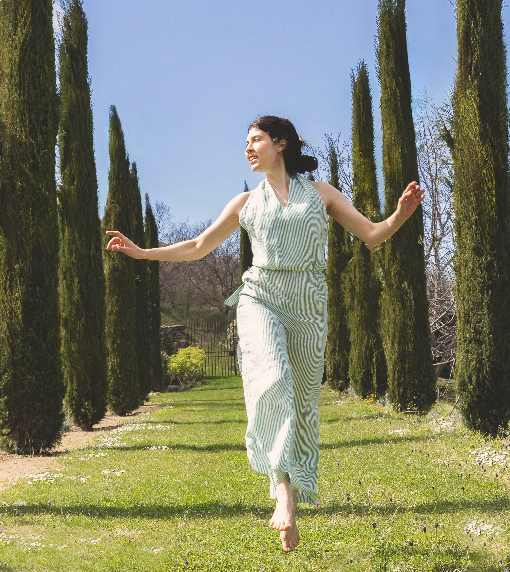 Camille Jumpsuit in Striped Mint Linen