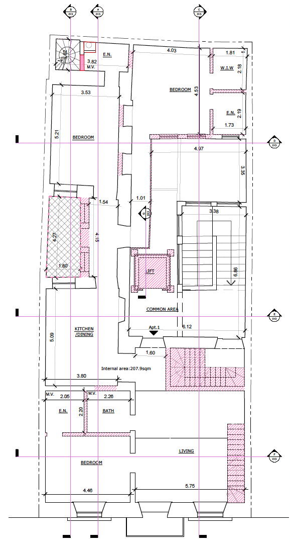 Floor plan of an apartment with rooms labeled as bedrooms, kitchen, living room, bathroom, and common area, including measurements and structural details.