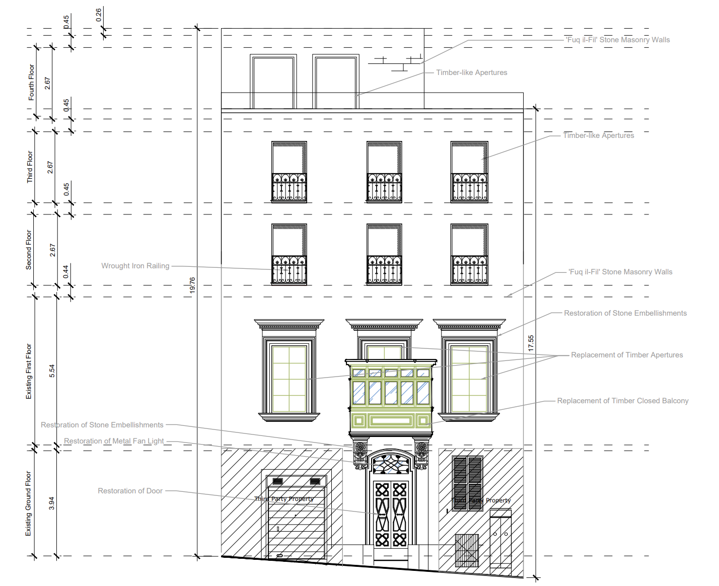 Architectural drawing of a multi-story building with detailed annotations on window and wall restoration, including stone masonry, timber replacements, and iron railings.