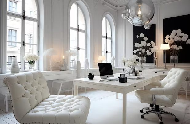 Bright, modern office with white furniture, large windows, and decorative black and white artwork, featuring a white desk, tufted white chairs, and hanging glass globes.