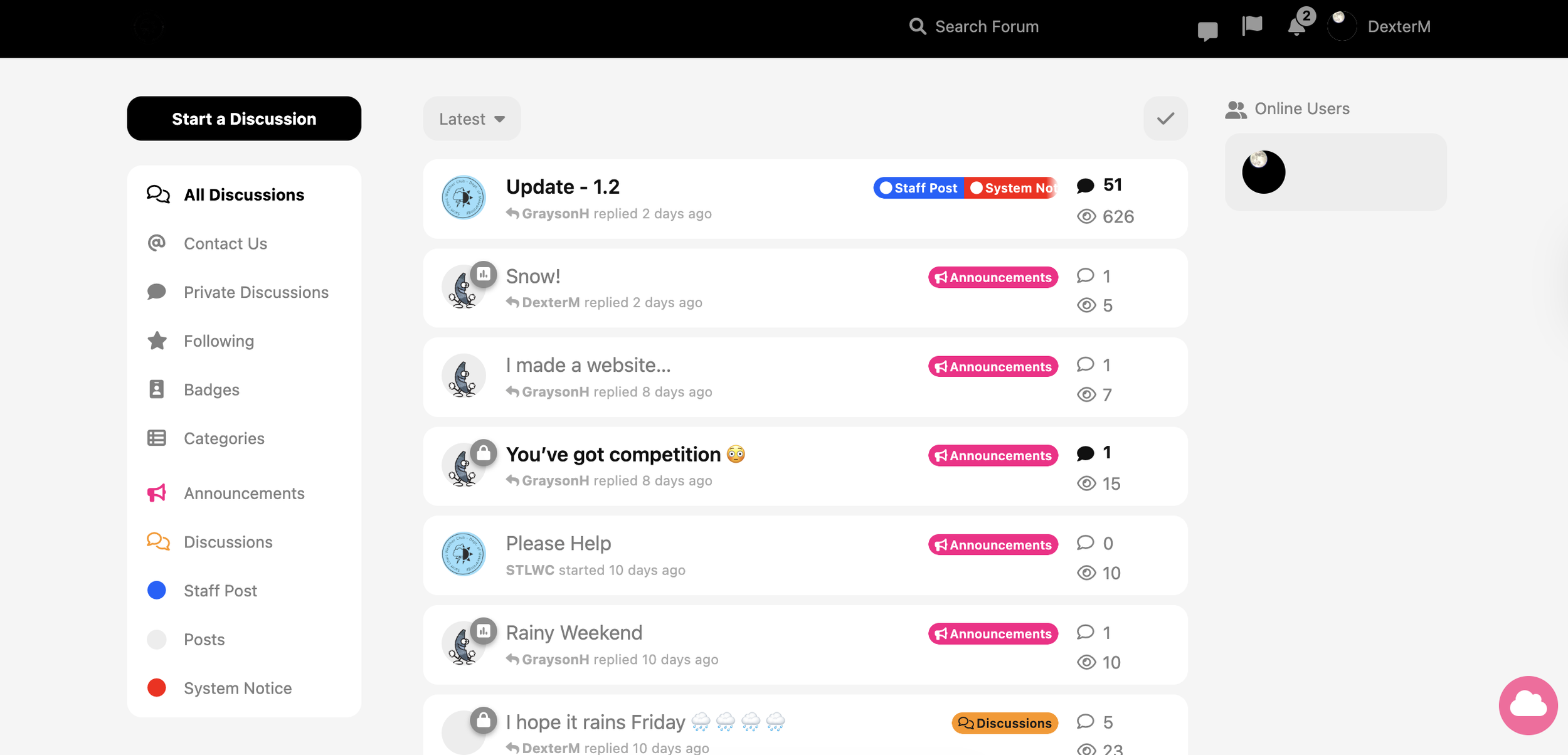 User interface of an online discussion forum with various discussion posts listed, including updates, announcements, and discussions about snow, website creation, competition, weather, and help, with icons indicating categories and engagement metrics.