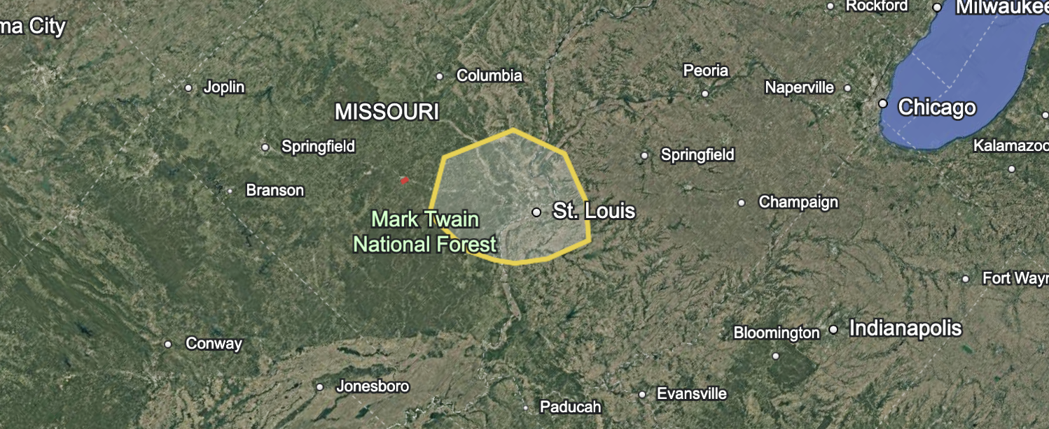 Map showing eastern Missouri with a yellow outline around St. Louis and a green area labeled Mark Twain National Forest to the southwest.