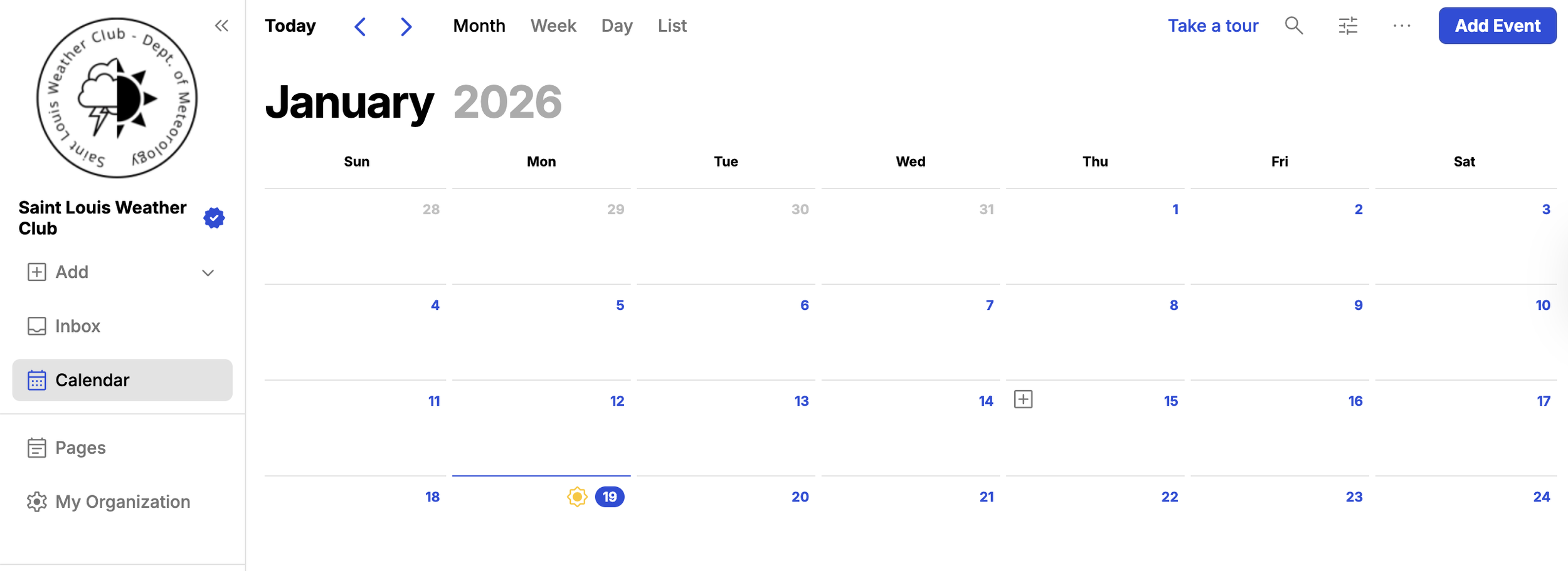 Screenshot of Saint Louis Weather Club's online calendar for January 2026, showing dates and weather icons, with a logo of a cloud, snowflake, and sun in a circle.