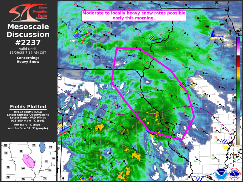 Weather radar map showing heavy snow in parts of Missouri and surrounding states, with forecast indicating moderate to locally heavy snow possible early morning, enclosed by a pink polygon. The map includes temperature and wind data, with a storm prediction center banner on the left, and a small U.S. map highlighting Missouri.