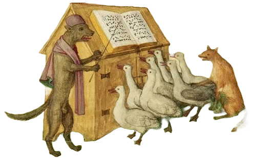 Medieval illustration of dog teaching ducks and a fox how to sing