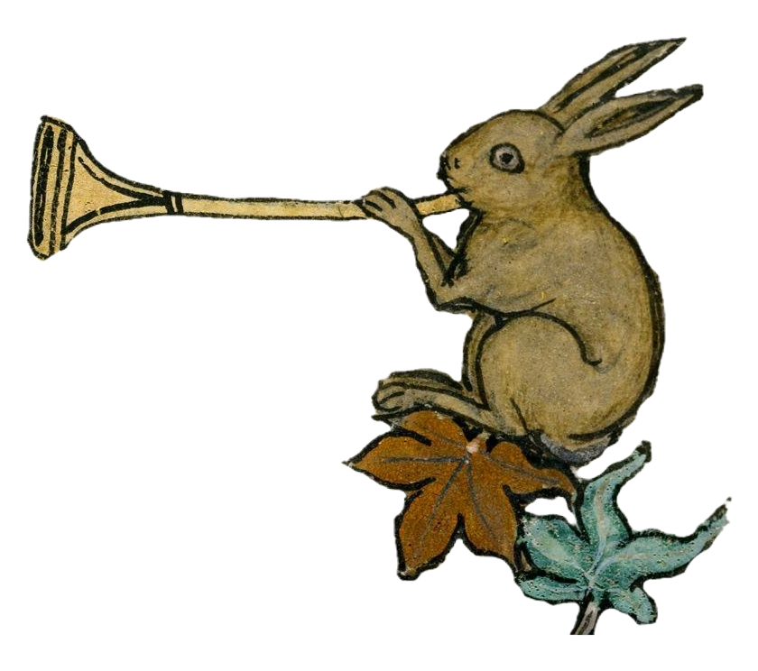 Medieval illustration of rabbit playing trumpet facing left