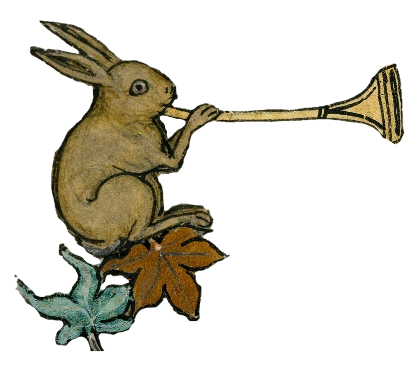Medieval illustration of rabbit playing trumpet facing right
