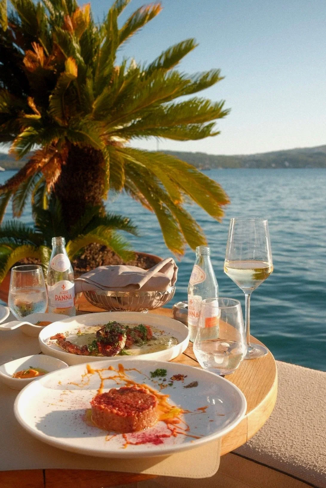 Outdoor dining table by the water with palm tree in the background, featuring plates of food, glasses of wine, and bottles of sparkling water.