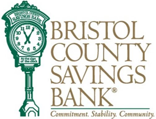 Logo of Bristol County Savings Bank featuring a green clock tower with the time at 11:55 and the bank's name in brown text, along with the tagline 'Commitment. Stability. Community.'.