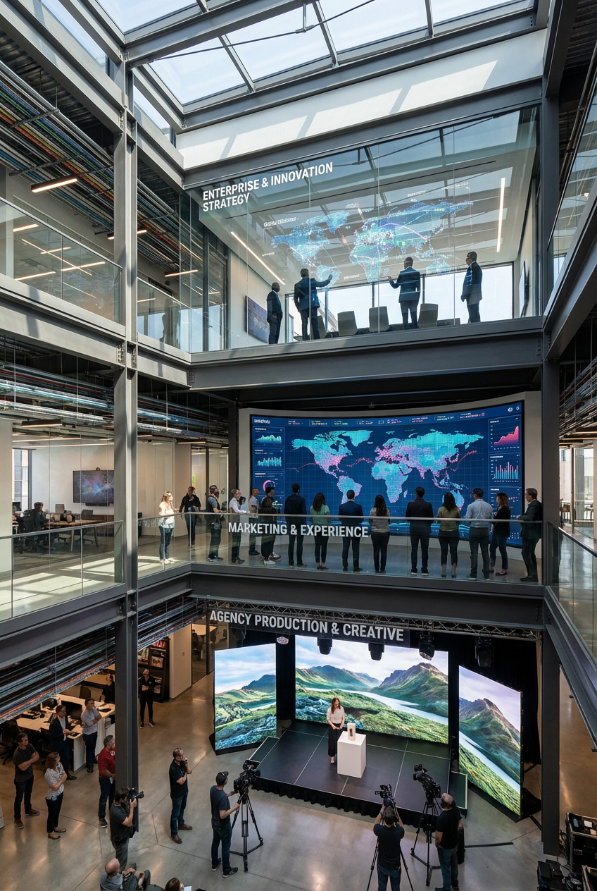 A multi-level modern office space with glass walls and large digital screens showing world maps and data. The top level has a group of four people in formal attire having a discussion near a digital world map. The middle level has a presentation with a large world map visualization and several people in business attire observing. The bottom level has a woman giving a presentation with scenic mountain imagery on large screens, while photographers and audience members are capturing the event.