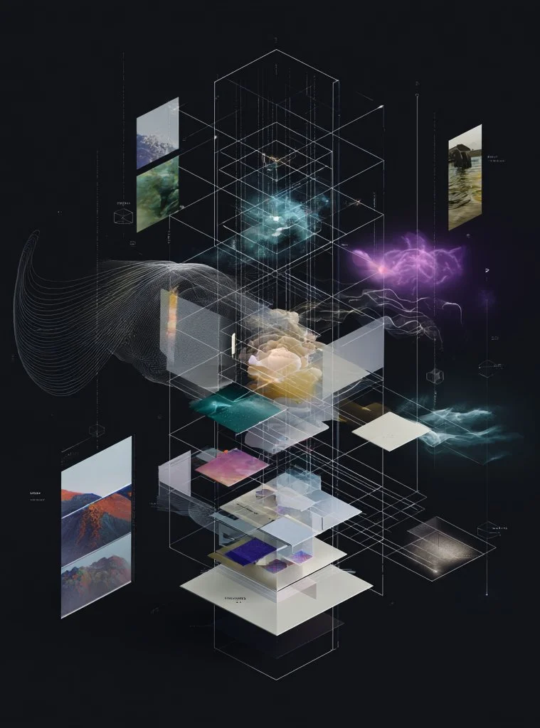 A digital artwork depicting interconnected floating screens and holograms against a dark background, illustrating a high-tech virtual interface.