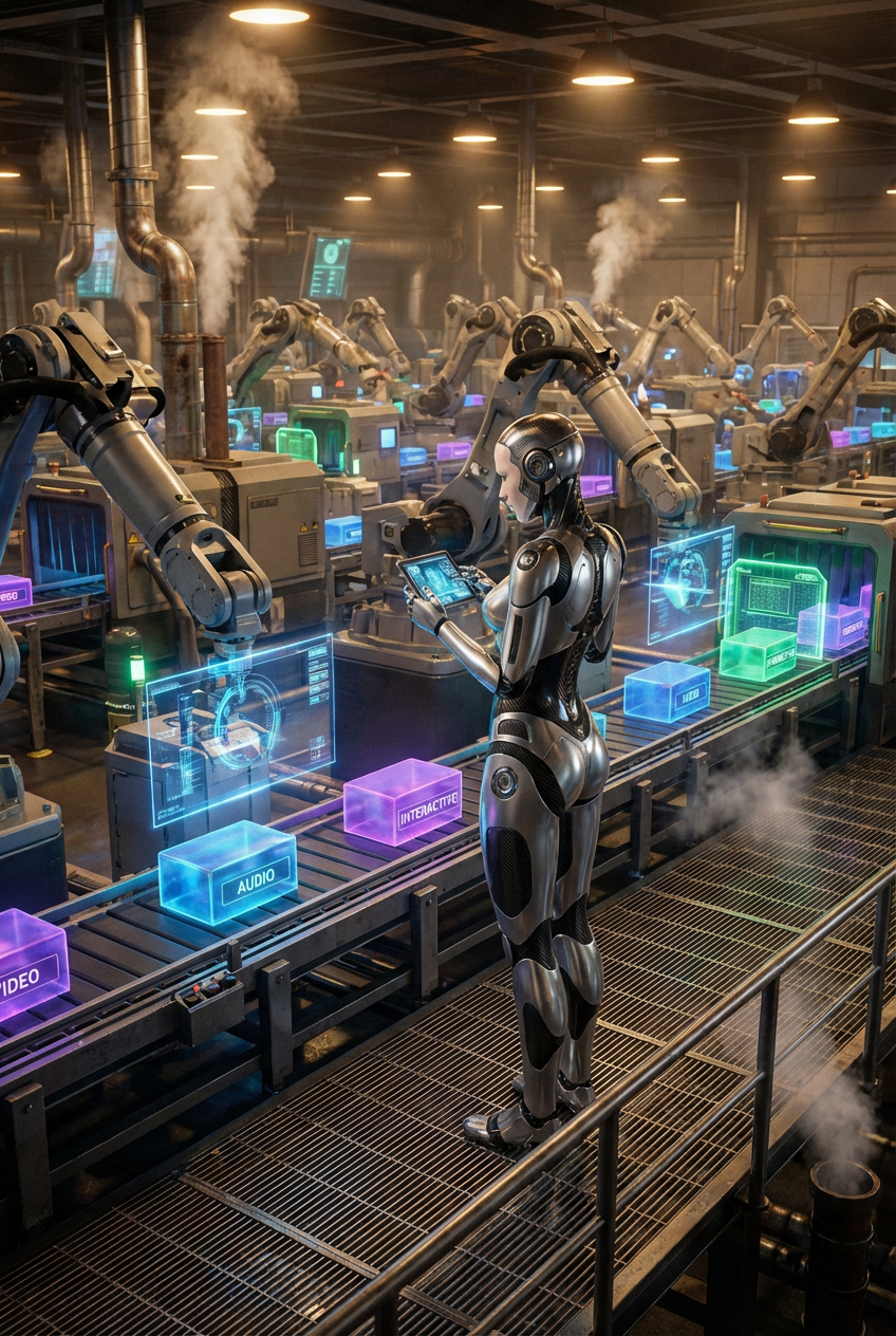 A humanoid robot with a sleek, metallic body interacting with digital screens in a high-tech, industrial environment filled with robotic arms, machines, and vapor emitting from pipes.