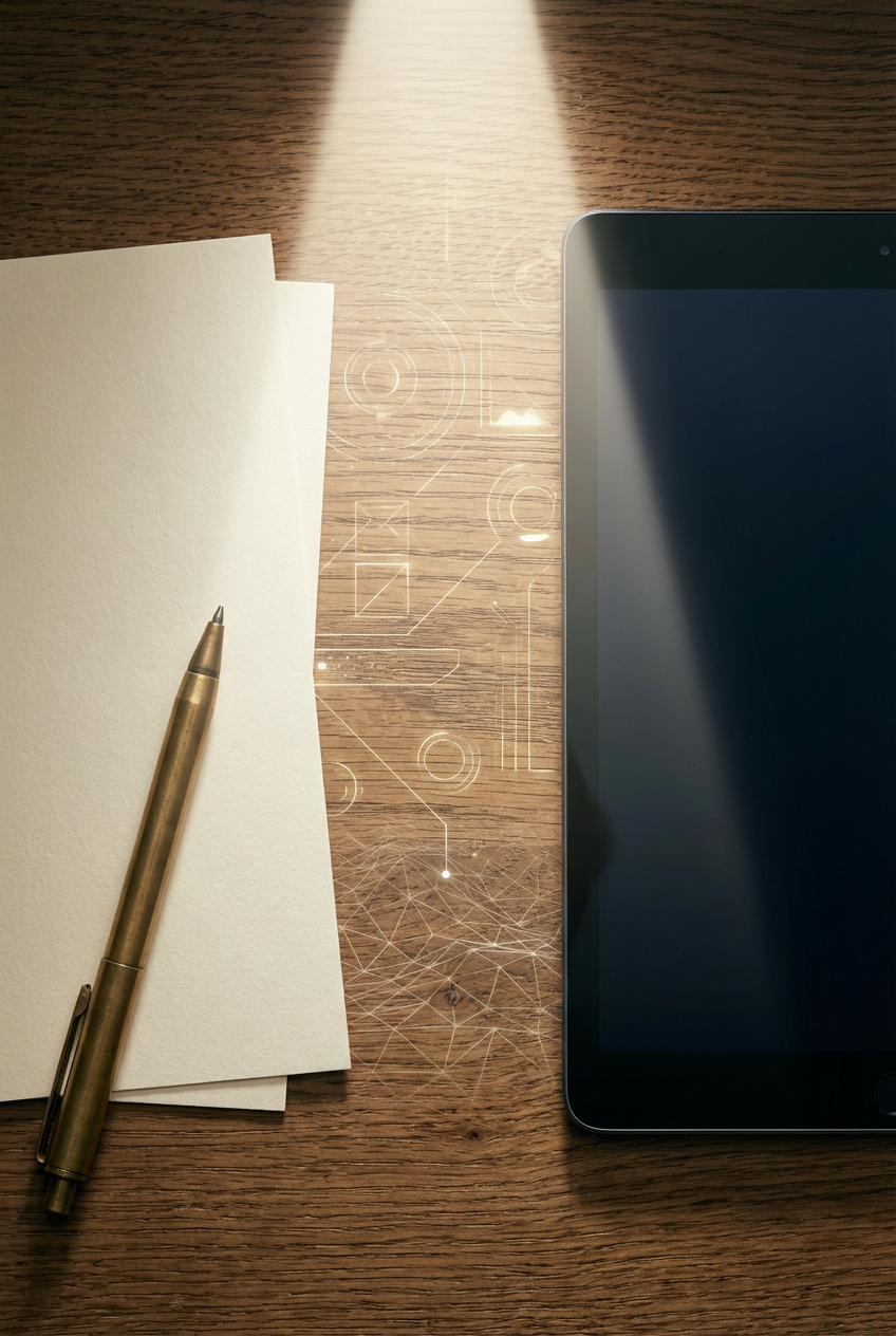 A wooden desk with a closed tablet, a gold pen resting on a blank notebook, and digital abstract graphical overlay.