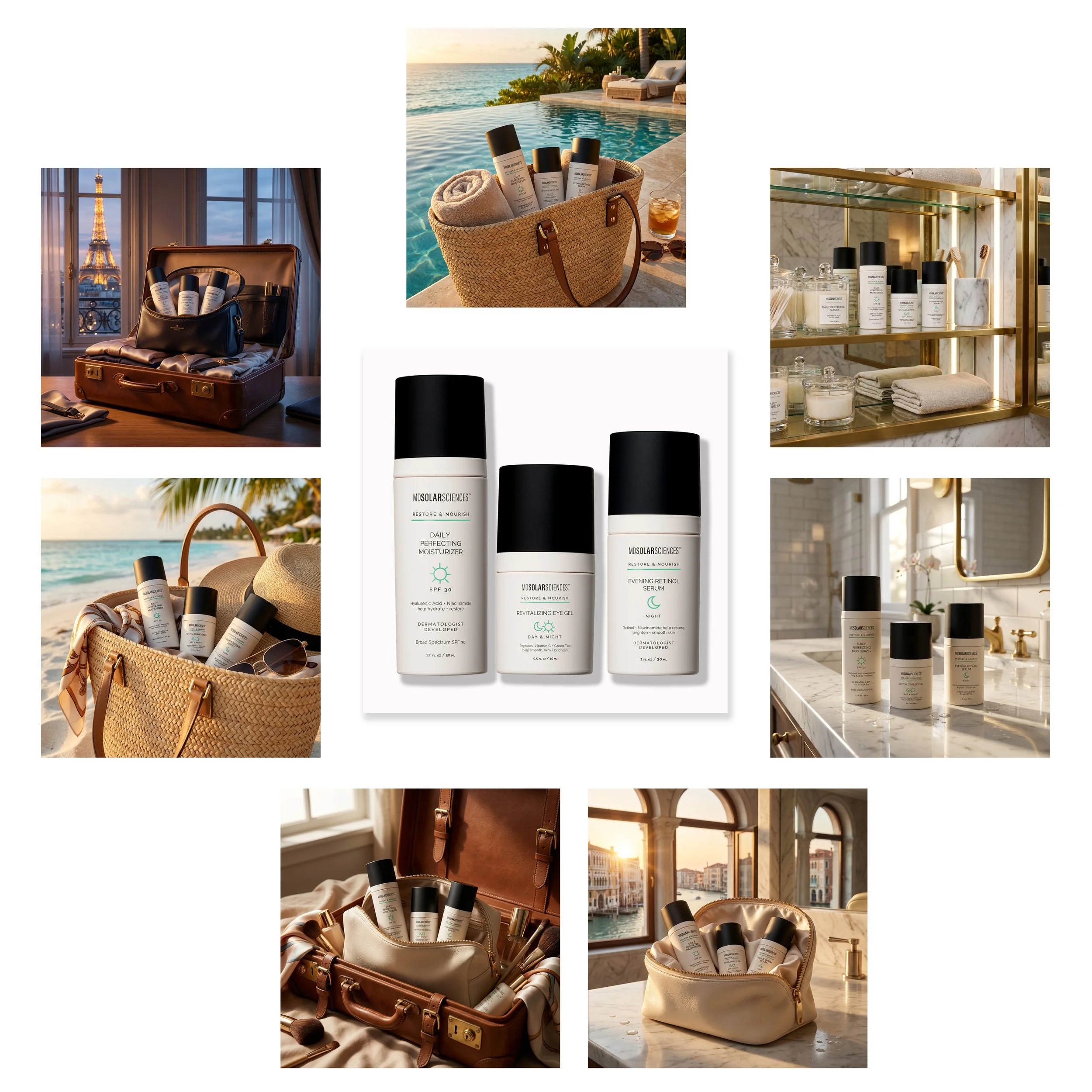 Collection of skincare products in various travel and bathroom settings, including a central image of three bottles of moisturizer and serum, surrounded by scenes of product packs in suitcases, beach bags, bathroom shelves, and hotel rooms.
