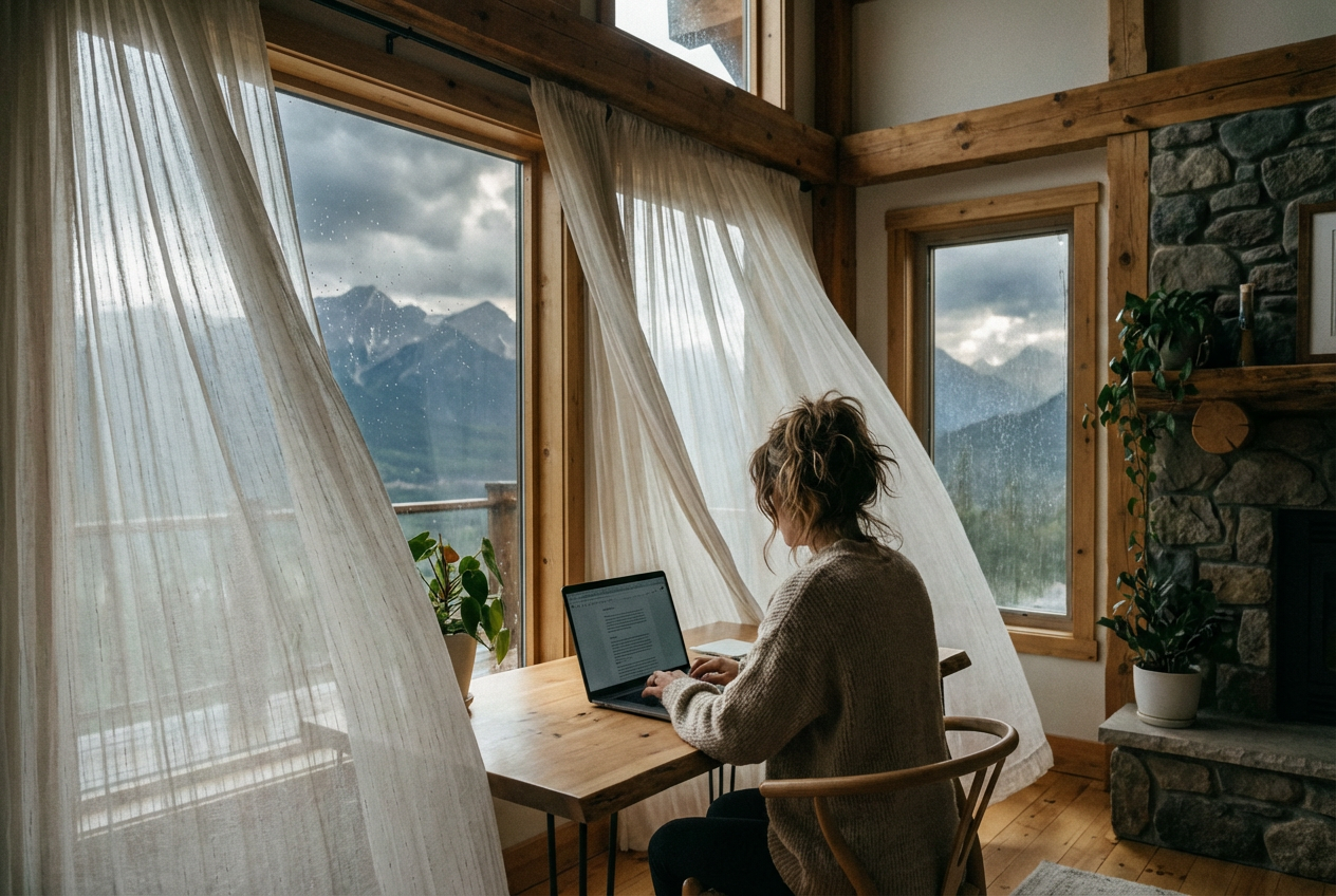 Woman working on a laptop at a wooden desk in a cozy room with large windows showing mountain scenery and rain.