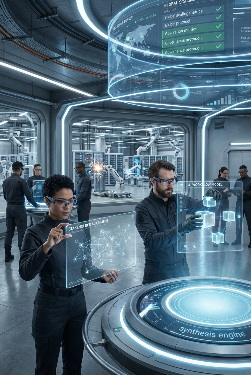 Scientists working with holographic digital interfaces in an advanced manufacturing or research facility, with robotic arms and digital displays showing global metrics and technological data.
