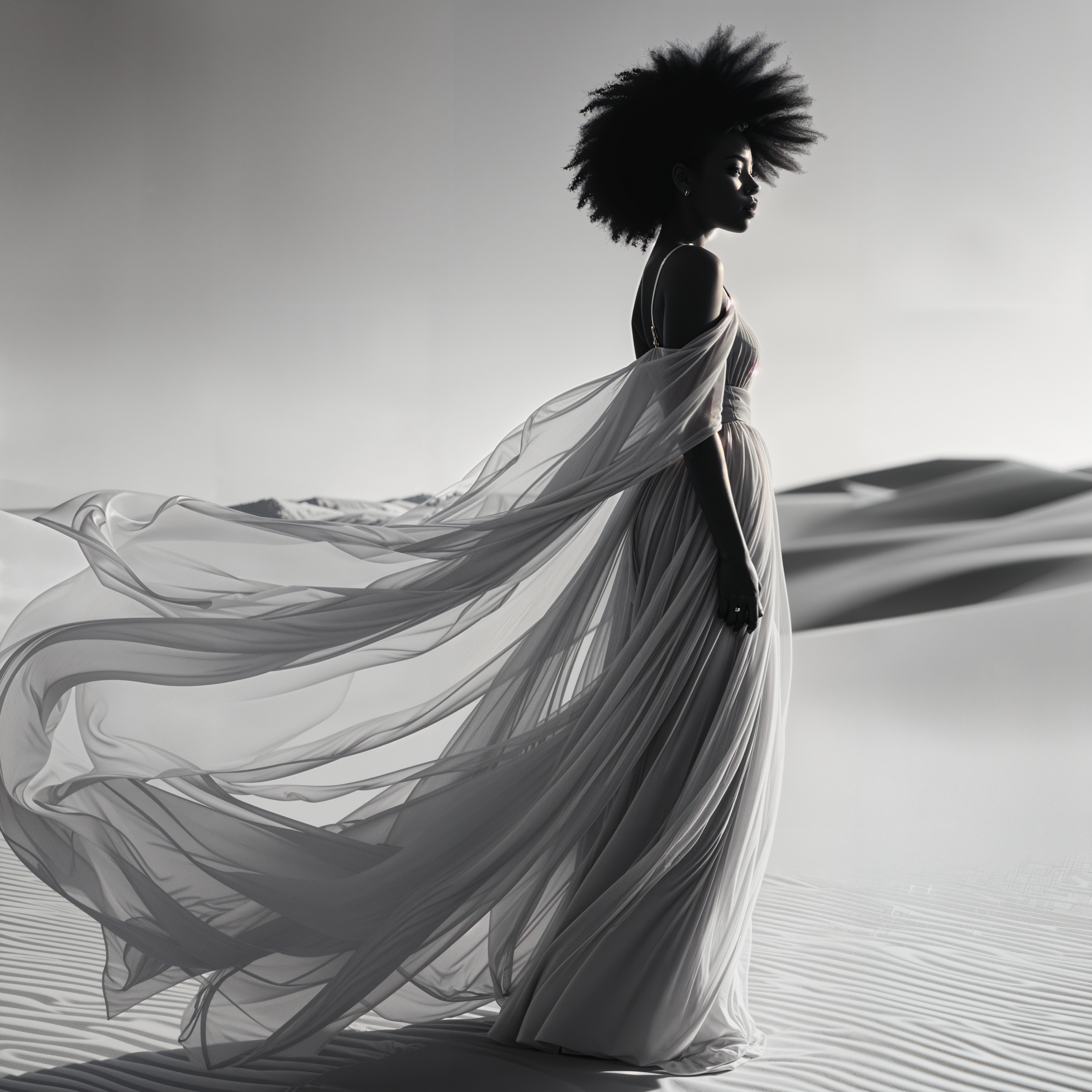 A woman wearing a flowing, elegant gown with a long, sheer train standing in a desert landscape with sand dunes, backlit by light creating a silhouette effect.