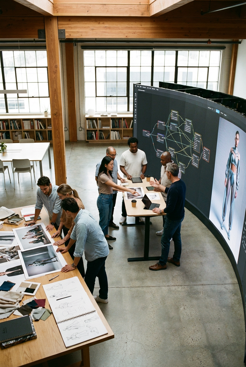 Group of diverse people engaged in a creative or design meeting in a spacious studio with large windows, wooden beams, bookshelves, and a curved digital presentation screen displaying a diagram and fashion model.