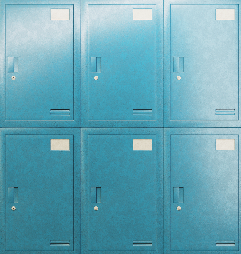Six blue school lockers arranged in two rows of three, with vents and lock mechanisms visible.