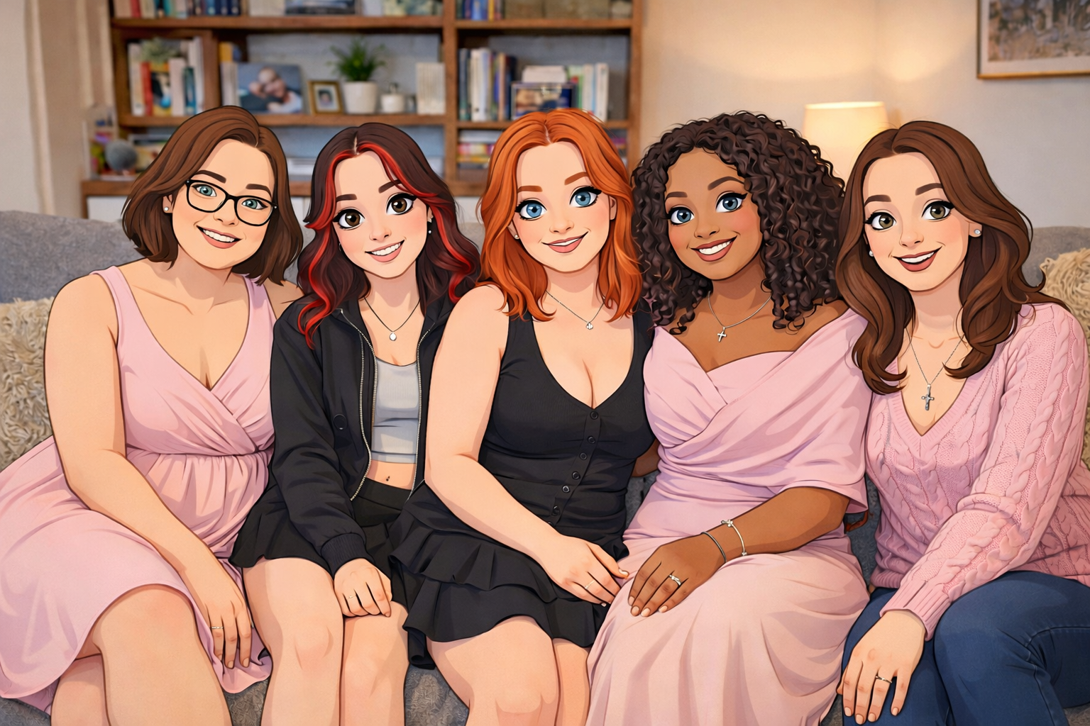 Digital illustration of five diverse women sitting closely on a couch in a cozy living room, smiling at the camera.