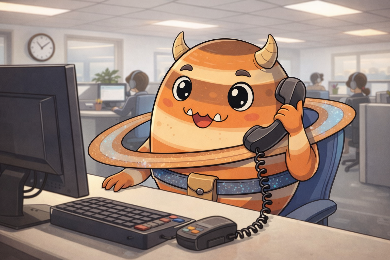 Cartoon illustration of a planet with a cute face, small horns, and colorful rings, sitting at an office desk talking on a telephone, with coworkers working at computers in the background.