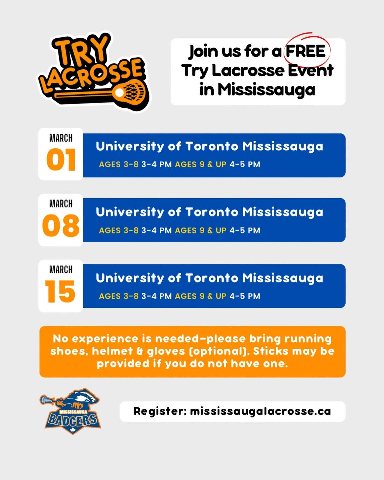 🚨 TRY LACROSSE FOR FREE! 🚨

Curious about Canada&rsquo;s national summer sport? Now&rsquo;s your chance to give it a shot for free&mdash;no experience needed!

📍 Where: University of Toronto Mississauga (Gym C)
 3359 Mississauga Rd, Mississauga, O