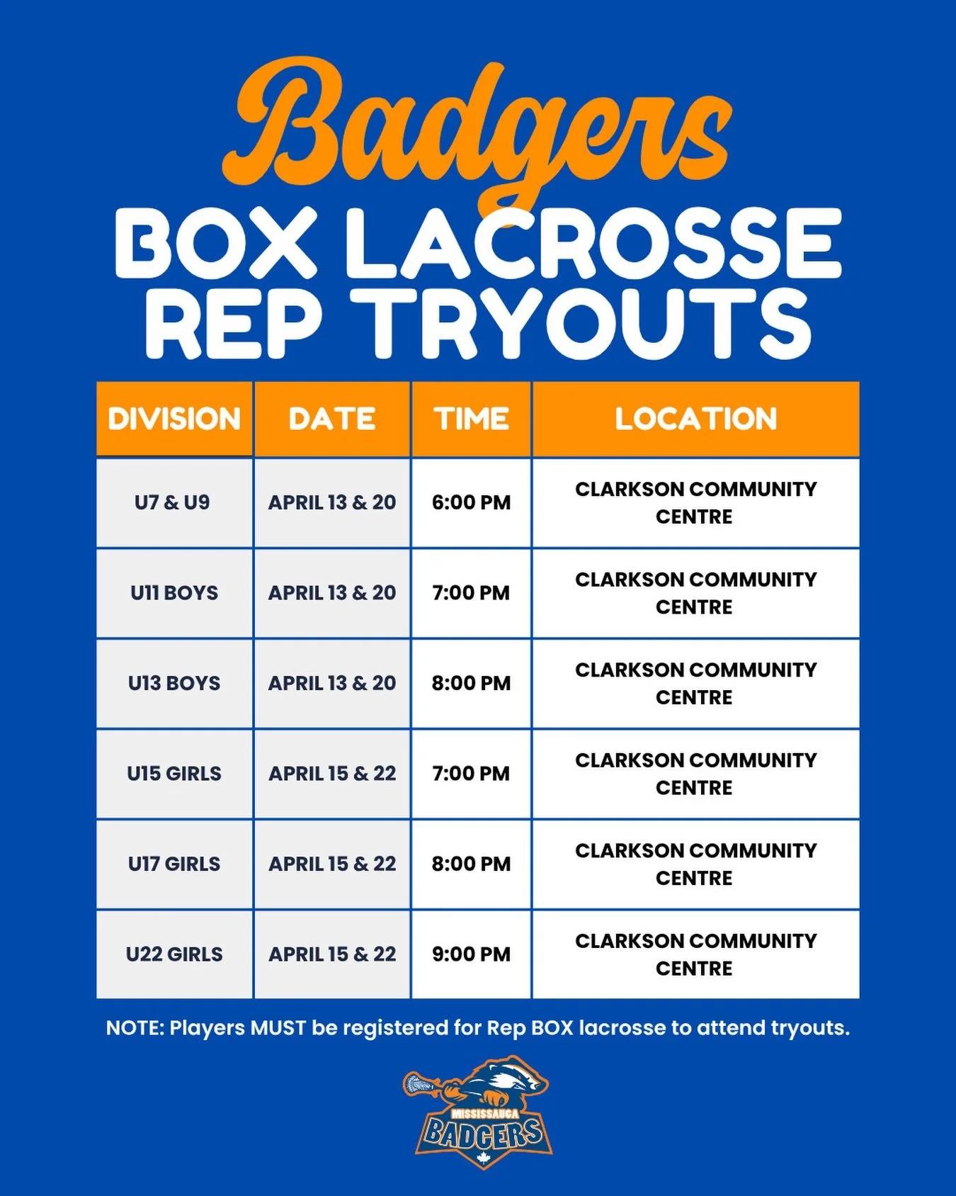 🥍 REP BOX LACROSSE TRYOUTS 🥍

Ready to take your game to the next level?

Join us for Rep Box Tryouts! 
Show your skills and be part of something great!

Register now at mississaugalacrosse.ca

#PlayLacrosse #OntarioLacrosse #mississaugalacrosse #d