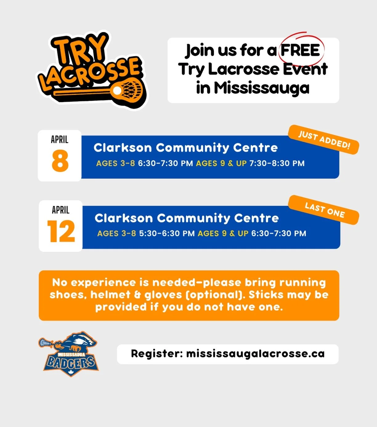 Ready to try something new? 🥍
Join us for a FREE Try Lacrosse event in Mississauga&mdash;no experience needed!

We&rsquo;ve only got TWO dates left before the season starts&hellip; don&rsquo;t miss your last chance to give it a try!

#mississaugalac